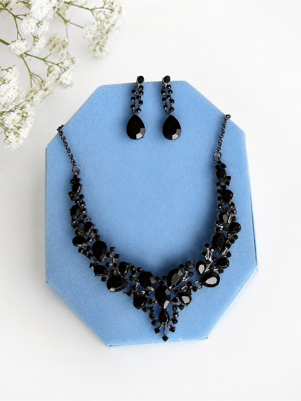 Elegant Black Crystal Statement Necklace & Drop Earrings Set